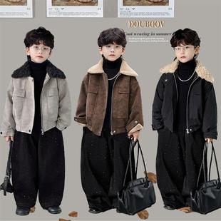 男童毛领麂皮外套2025冬款儿童痞帅加绒夹克宝宝韩版加厚保暖外套