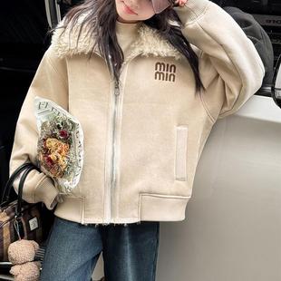 女童秋冬款加厚外套2025新款初中生时髦皮毛一体夹克棉衣大童加绒