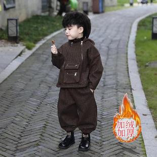 男童痞帅卫衣套装春秋款加厚套头连帽韩版宝宝运动网红酷帅两件套