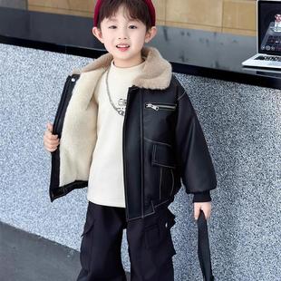 男童加绒皮衣2025新款酷帅男宝宝冬装棉袄衣服儿童秋冬季加厚外套