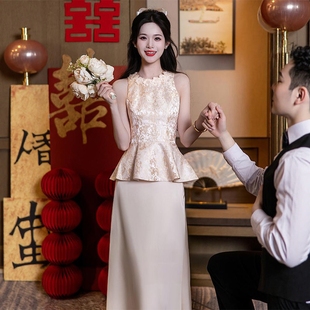 订婚晚礼服裙高级感小个子修身 宴会 女2025新款 轻奢小众香槟色法式