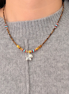 s925纯银马上有钱虎眼石项链女简约手工设计百搭串珠民族风锁骨链