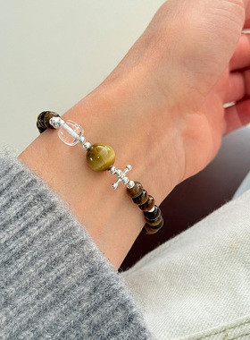 s925纯银虎眼石圆珠手链女简约小众手工弹力绳款设计甜美串珠手串