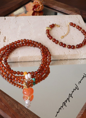 天然三圈橙石榴石手串女款多圈水晶手链礼物轻奢小众简约百搭手饰