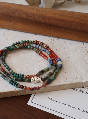 原创手作复古天然非洲松石手链女轻奢高级感情侣叠戴玛瑙三圈手串