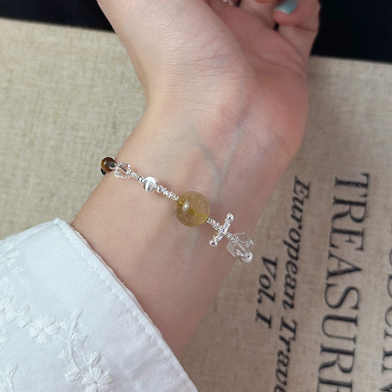 韩版s925银虎眼石发晶车花球碎银子手链女简约手工设计百搭银手饰