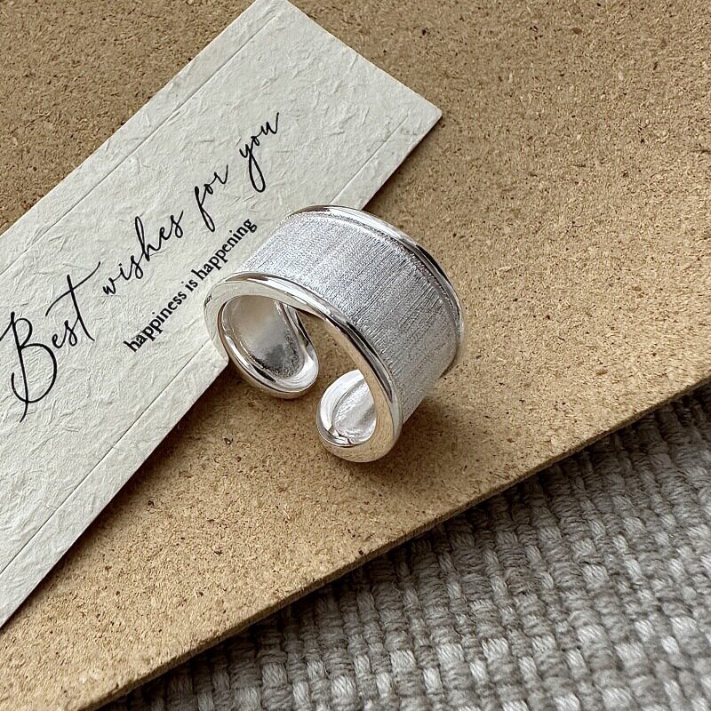 新款S925纯银韩版小众设计感复古拉丝绸缎戒指韩系简约闪光指环