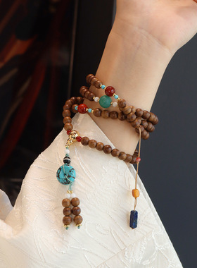 三圈黄油沉香木手串女国风新中式天然玛瑙青金石佛珠文玩四圈手链