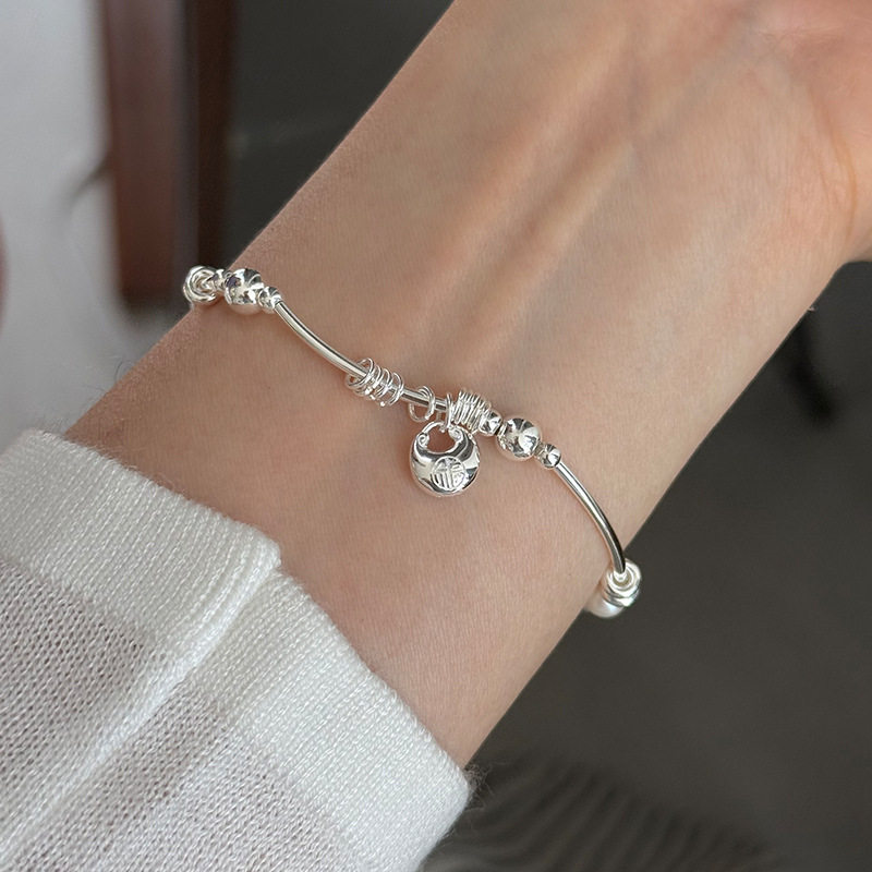 韩版s925纯银弯管珍珠小胖福手链女新中式简约时尚气质弹力绳手饰