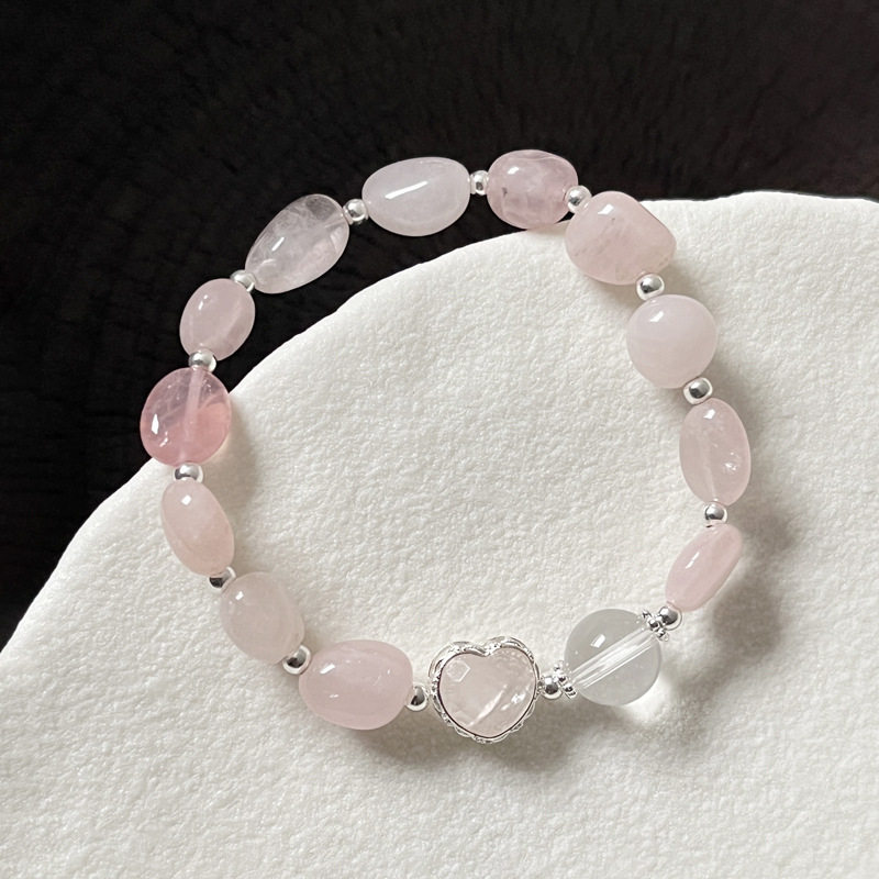 s925纯银爱心粉晶圆珠手链女简约新中式设计百搭个性串珠手串手饰