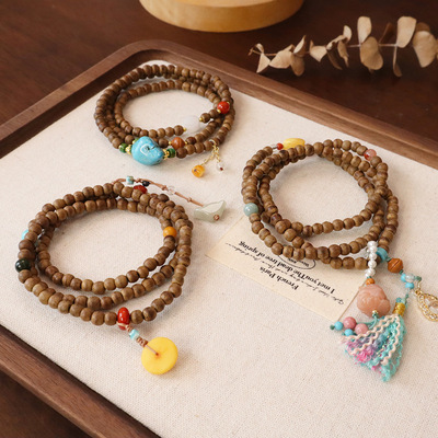 国风黄油沉香木手链三圈原创蜜蜡平安扣菩提流苏文玩中式多圈手串