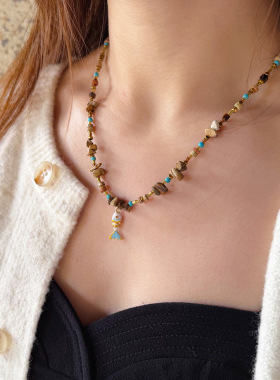 复古天然图画石几何小鱼钛钢项链女美拉德风个性小众设计感毛衣链