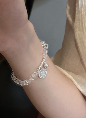 新款s925纯银韩版手串女小众设计感人像圆牌白水晶简约手链饰品