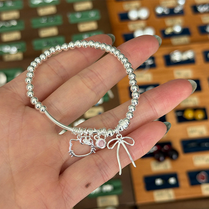 韩版s925银蝴蝶结猫咪锆石圆珠手链女简约手工设计百搭串珠银手饰