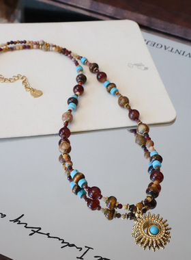 法式复古手作天然虎眼石串珠项链女不锈钢圆形吊坠民族风锁骨链