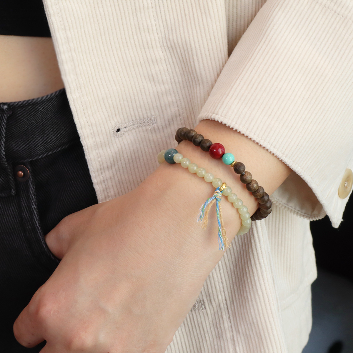国风加里曼丹天然沉香木手串和田玉手链精致禅意文玩女款叠戴手串