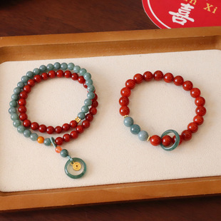 天然南红玛瑙蓝水翡翠手链女新中式国潮弹力绳款串珠温柔双圈手串