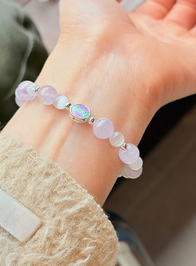 新款s925纯银郁金香猫眼石紫晶圆珠手链女简约新中式设计串珠手串