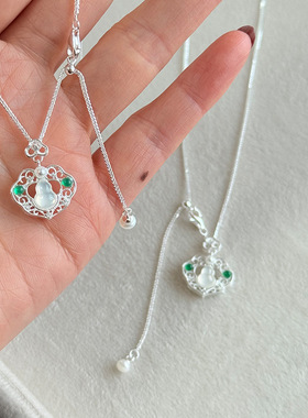 s925纯银国风平安锁玉髓葫芦镶钻项链女简约新中式福禄设计锁骨链