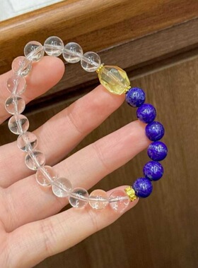 新款国风天然双拼白水晶圆珠手链女青金石黄水晶刻面随行手串饰品