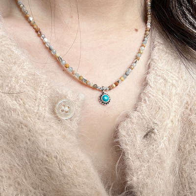 新款民族风s925纯银蛋黄石圆形松石项链女简约手工设计串珠锁骨链