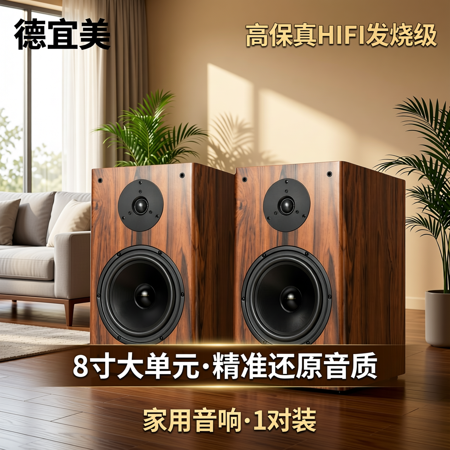 德宜美8寸书架音箱高保真hifi发烧级无源音箱高档喇叭家用音响1对