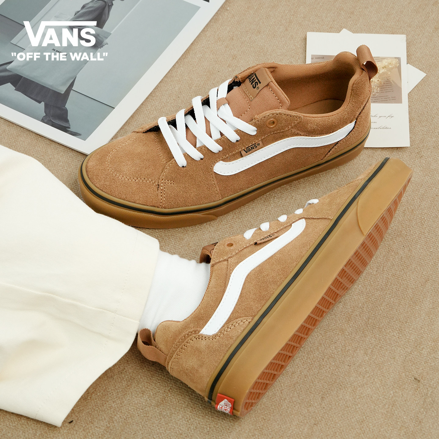 Vans范斯官方正品Filmore 复古百搭 耐磨平底低帮板鞋 土黄色男款