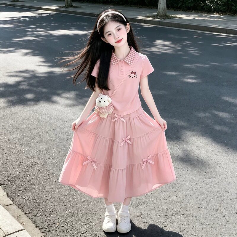 女童夏季半身裙套装漂亮裙子中大儿童甜美学院风短袖两件套