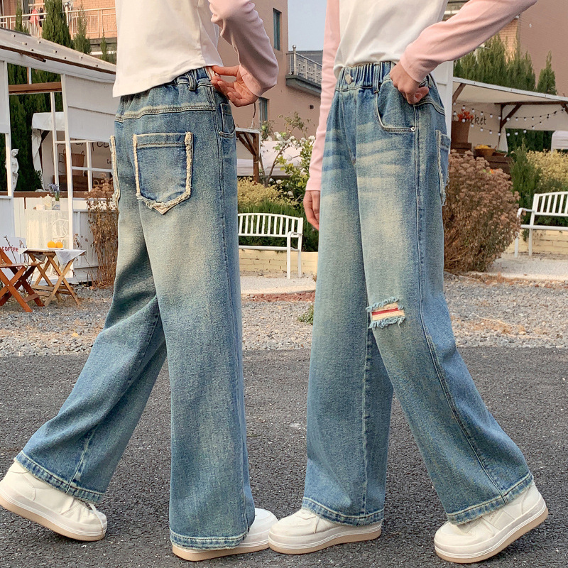 女童裤子秋装2025新款儿童女孩破洞牛仔长裤中大童春秋季休闲裤潮