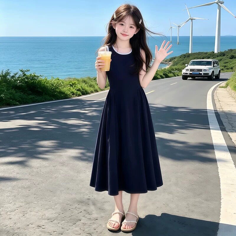 女童背心裙夏季新款时尚学院风连衣裙儿童藏青色过膝长裙子