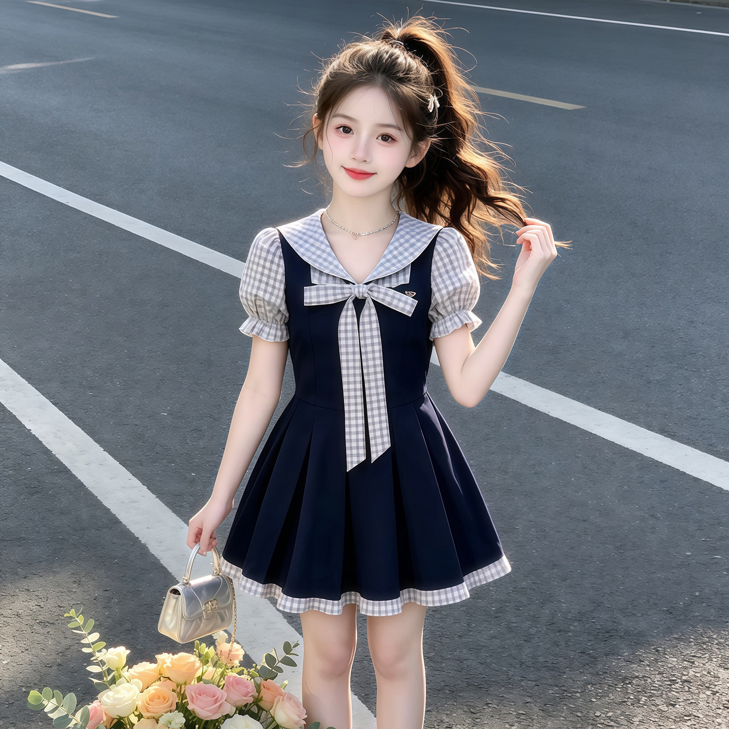 女童学院风连衣裙夏季新款儿童洋气JK制服裙子女孩夏装格子公主裙