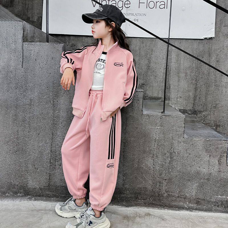 女童春装开衫休闲卫衣卫裤套装中大童春季新款撞色外套上衣两件套