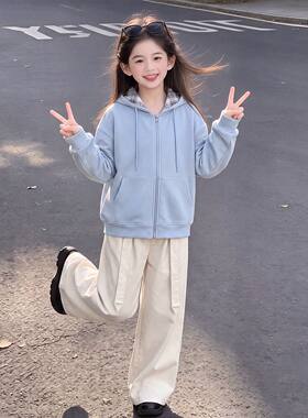 中大童春秋新款女童带帽拉链外套上衣设计感休闲裤阔腿裤两件套装