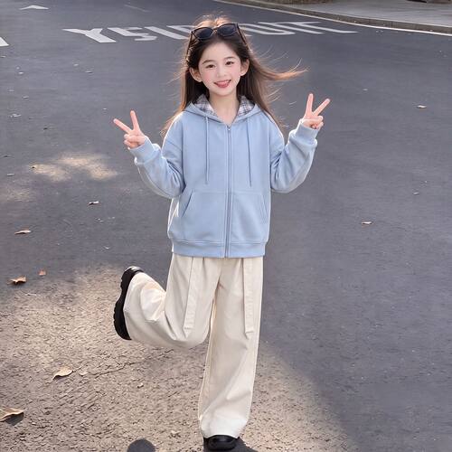 中大童春秋新款女童带帽拉链外套上衣设计感休闲裤阔腿裤两件套装