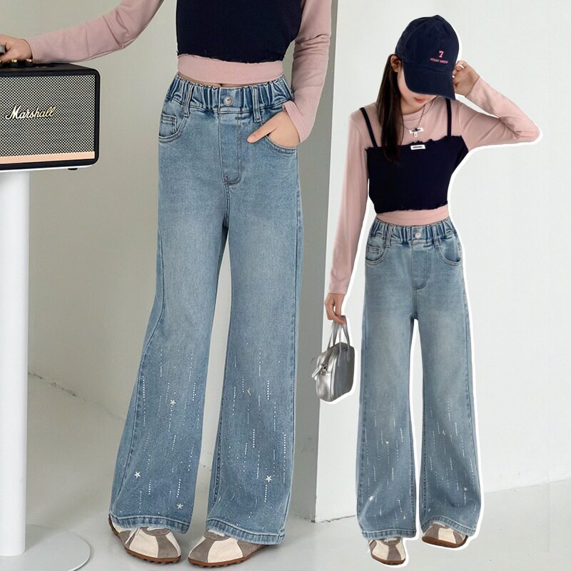 女童流星烫钻微喇裤2026春季新款女大童设计款弹力喇叭牛仔裤童裤