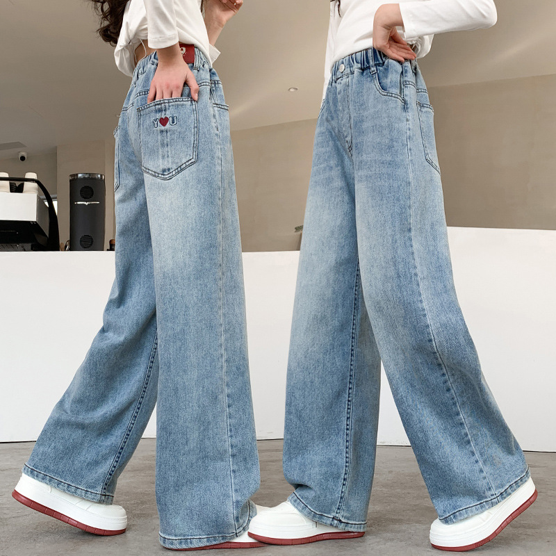 女童春秋牛仔长裤初中生儿童裤子2025新款中大童秋装阔腿裤小女孩