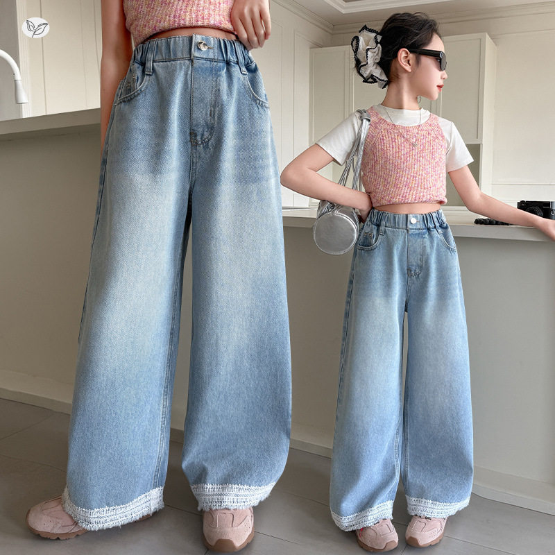 女童浅蓝色牛仔裤2026年春夏新款脚口蕾丝花边阔腿裤中大童直筒裤