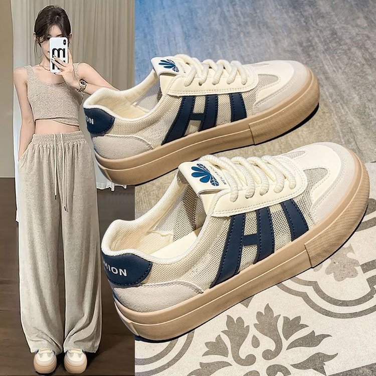 新款百搭小众设计网面运动鞋女2025春季德训板鞋ins潮厚底小白鞋