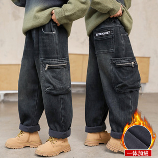 男童冬季一体加绒裤子儿童工装裤2025新款大童秋冬加厚男孩牛仔裤