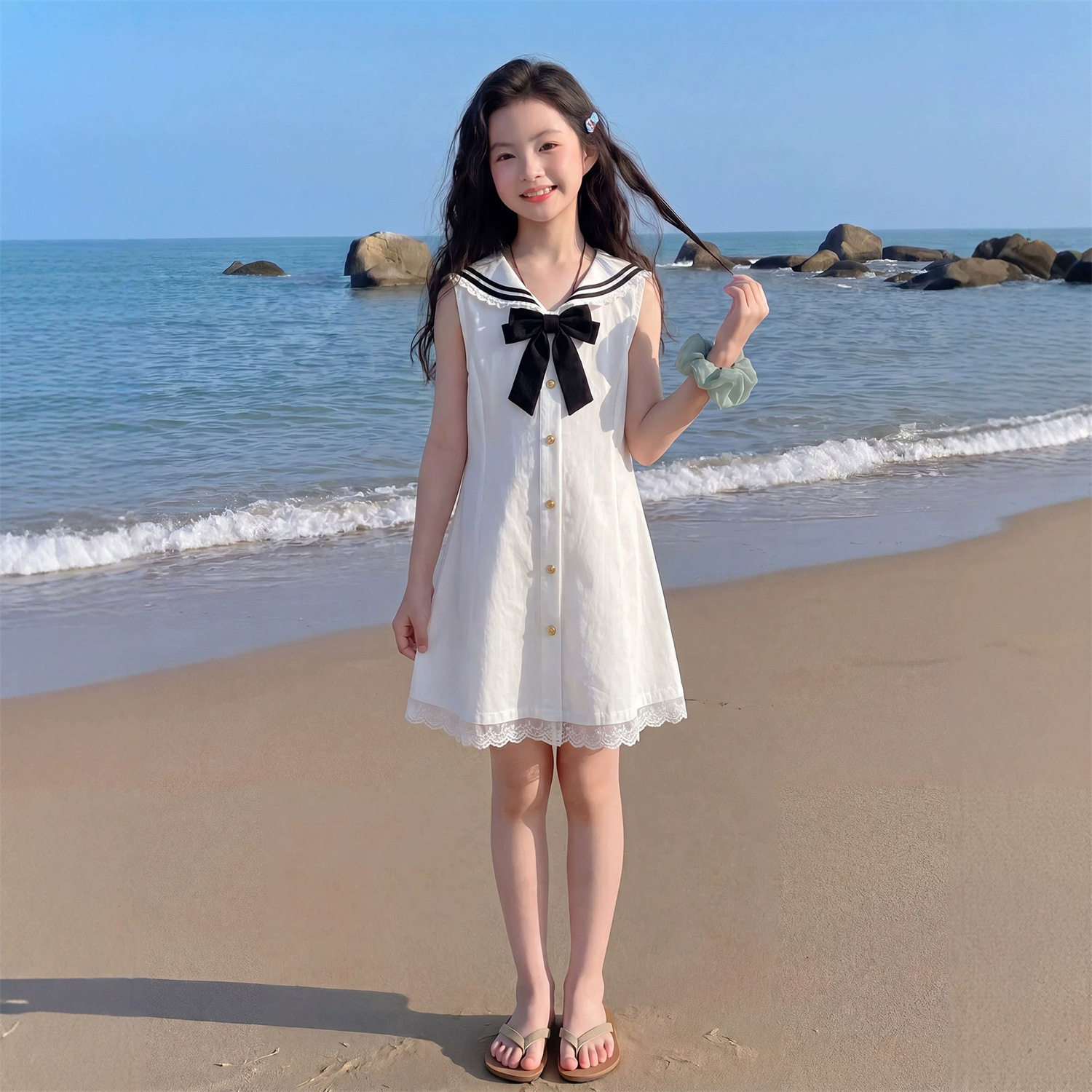 漂亮小裙子海军风夏季新款儿童白色连衣裙女童学院风背心裙