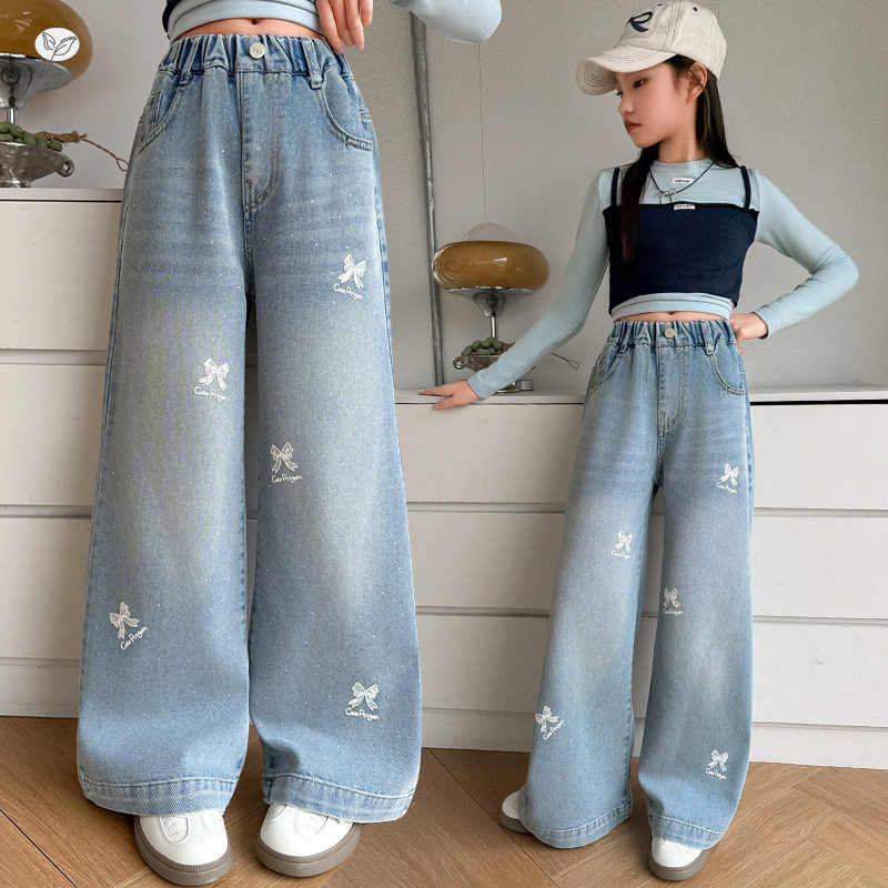 女童蝴蝶结印花牛仔裤2026年春季新款中大童修身阔腿裤窄版直筒裤