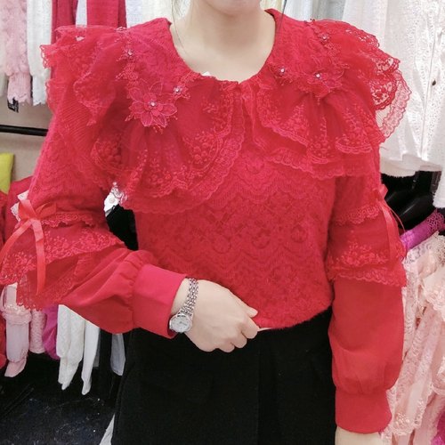 蕾丝花边韩版遮肉荷叶边蕾丝衫
