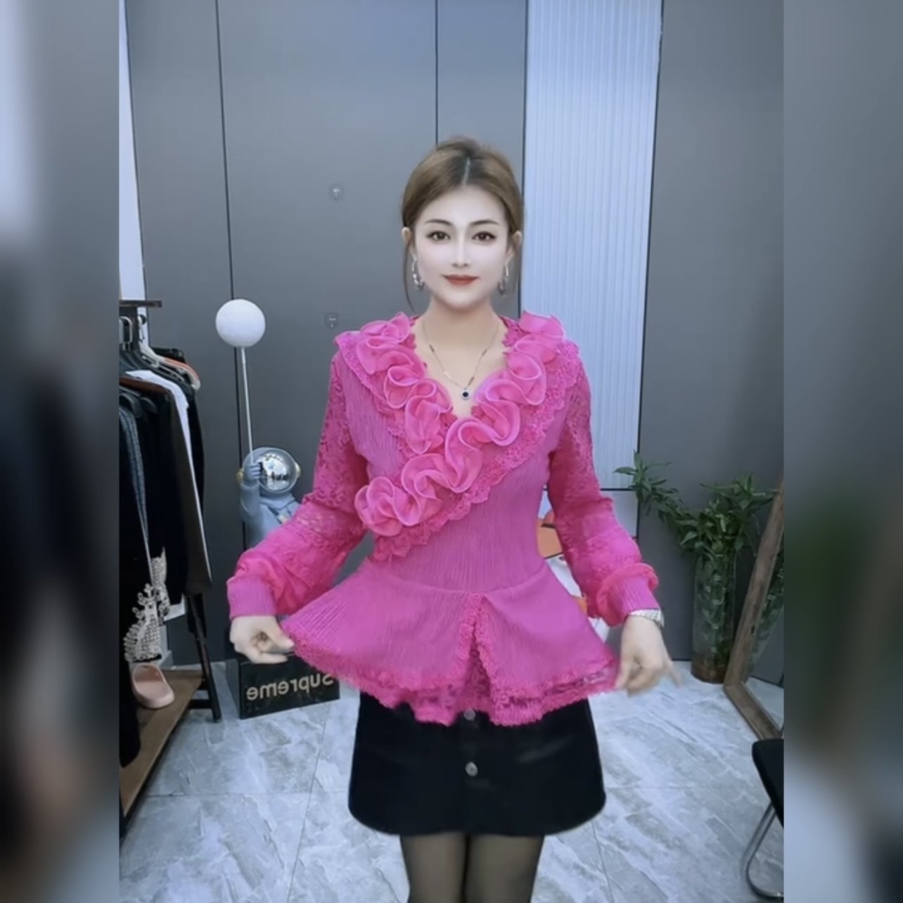 安可拉红花朵蕾丝花边拼接千丝皱法式仙女衫网红洋气公主范打底衫