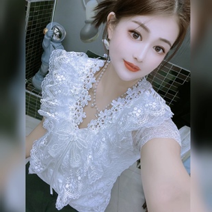 立体花朵镶钻飞飞荷叶边短袖蕾丝衫修身显瘦淑女范洋气打底衫女夏