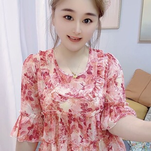 夏季爆款荷叶碎花豹纹薄款上衣女气质洋气宽松显瘦遮肉超仙雪纺衫