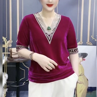 春秋爆款金丝绒上衣修身大码V领刺绣小衫高密丝绒高档品质洋气女