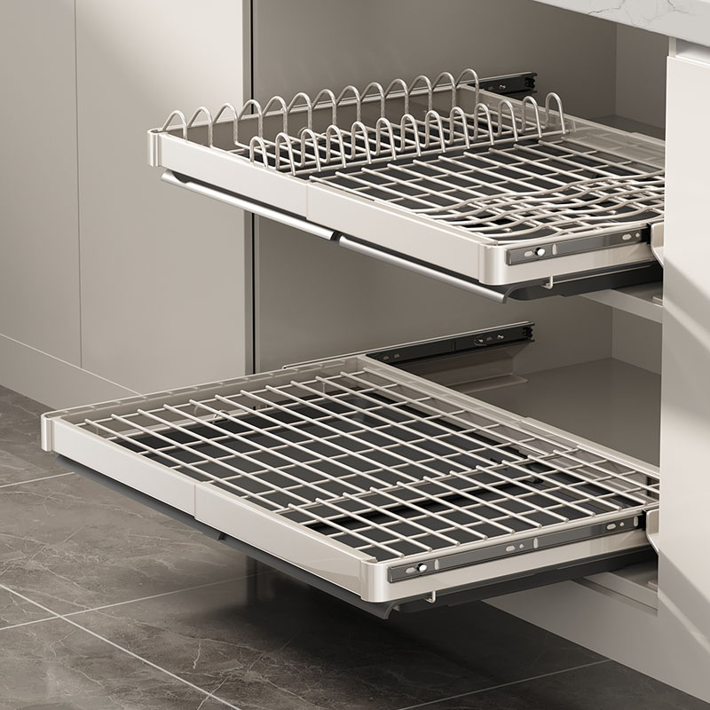 厨房拉篮抽拉碗碟收纳架橱柜内置物架抽屉式碗架拉篮碗盘沥水架子