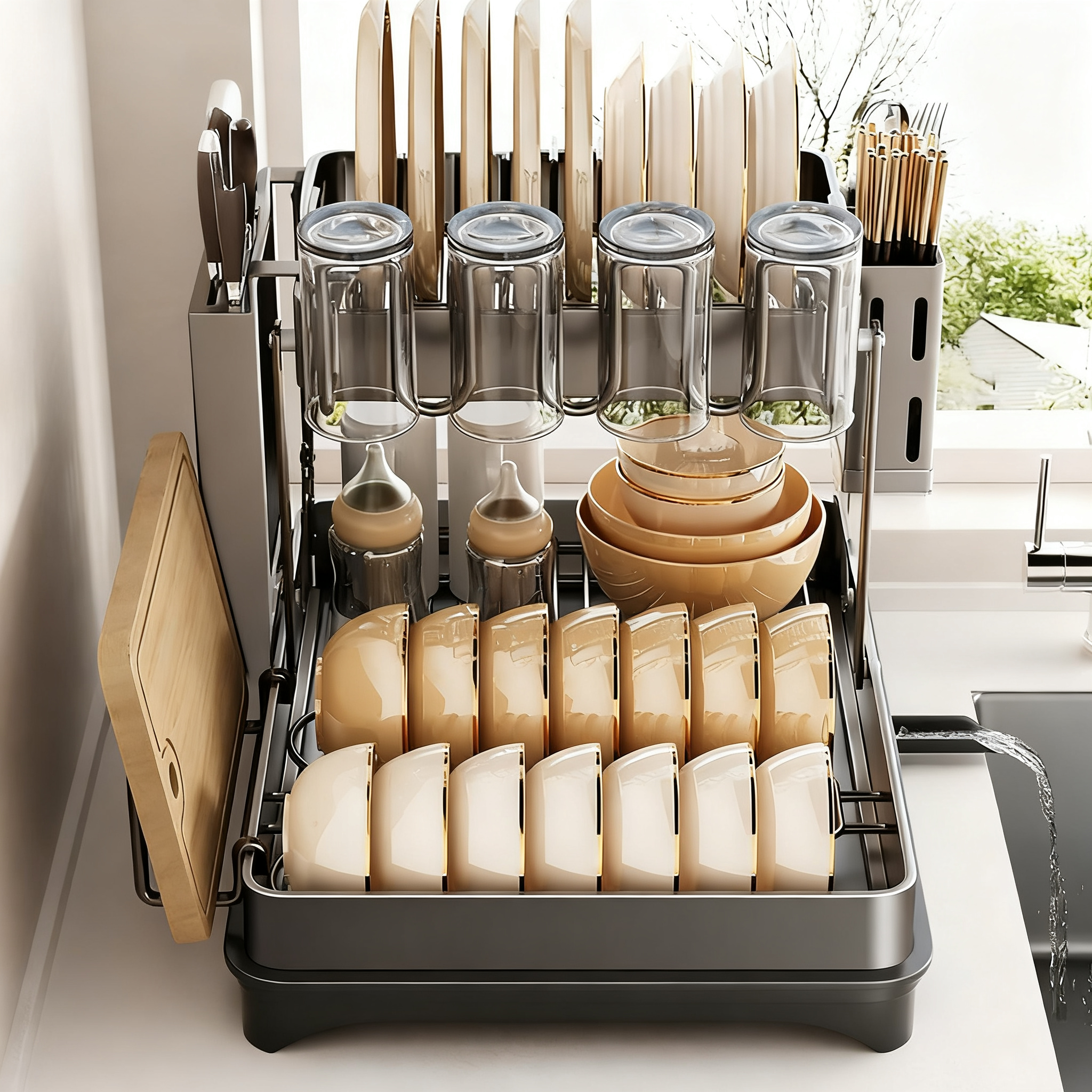 尔沫沥水双层不锈钢厨房置物碗架