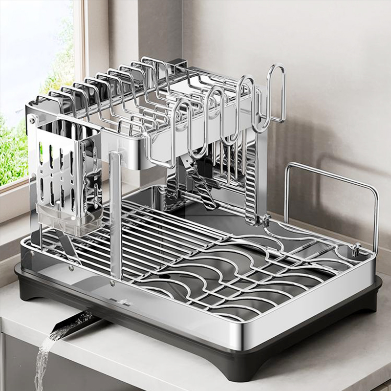 折叠免安装不锈钢双层碗碟收纳架