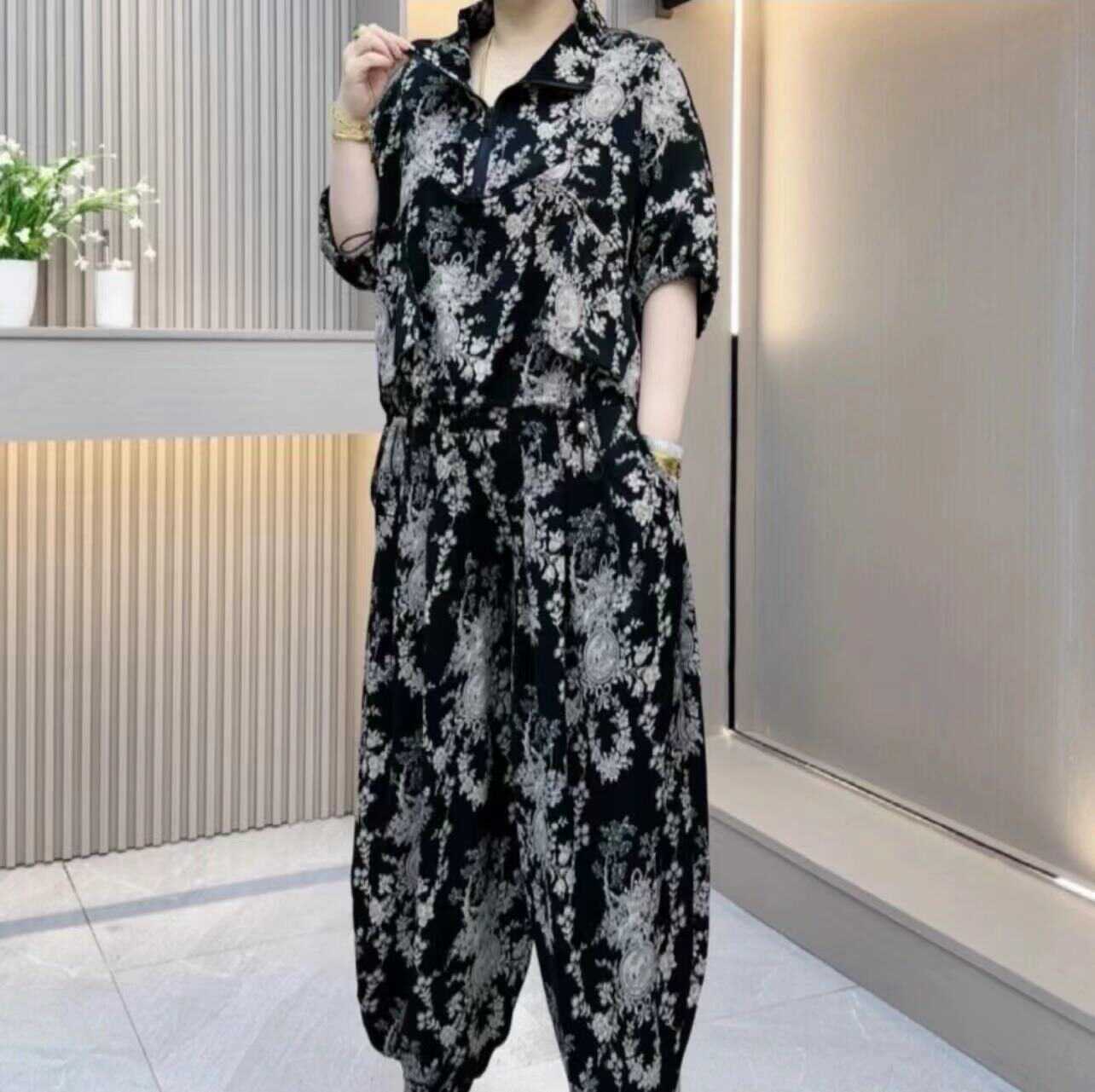 妈妈装宽松大码印花短袖套装夏季新款中老年人显瘦上衣裤子两件套